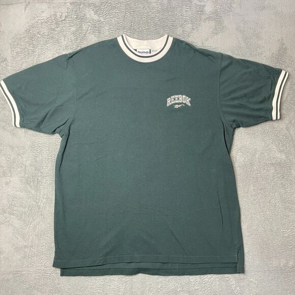 Vintage 90s Reebok Ringer Tee Green‎ & White Logo Shirt XL - Picture 2 of 12